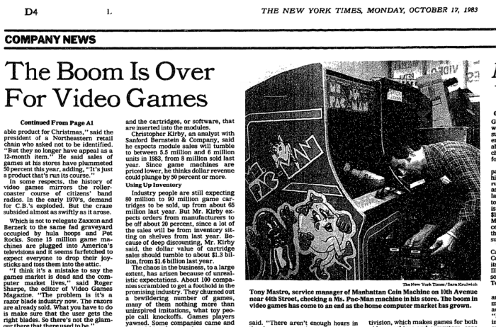 Newspaper except from 1983 - "The Boom Is Over For Video Games"