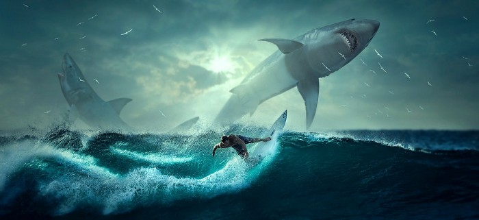 A fantasy image of a surfer surfing a big wave while massive sharks jump out of the water